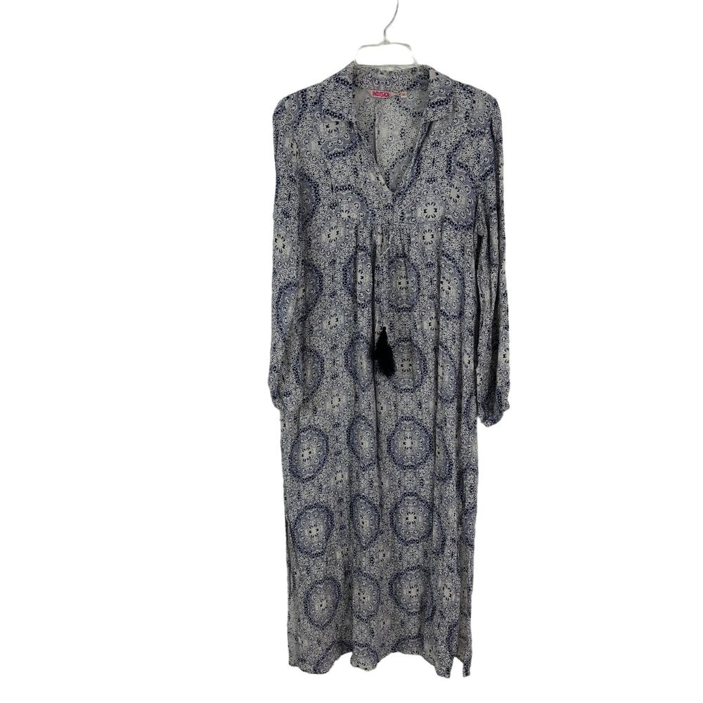 Indiska Boho Maxi Dress Kaftan Style Tassels Blue Paisley M 100% Viscose